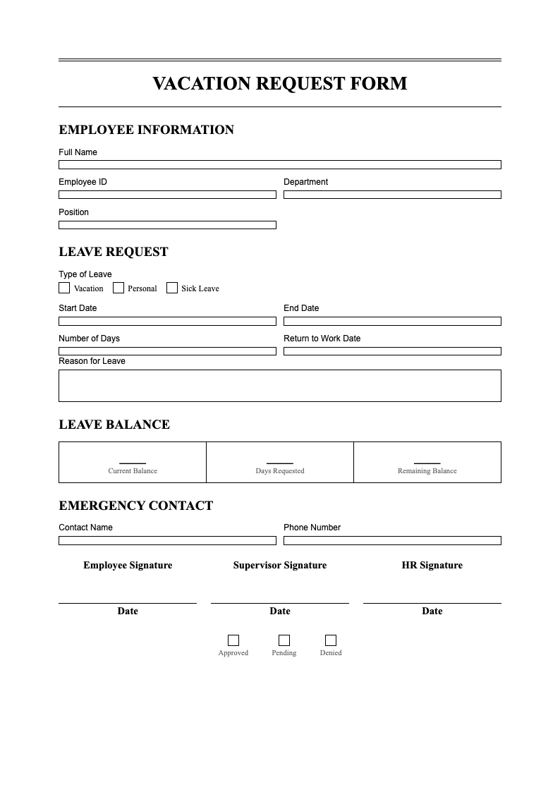 Monochrome professional vacation form
